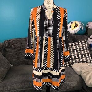 Stylish Polka Dot and Stripe Long Sleeve Peasant Dress, Medium